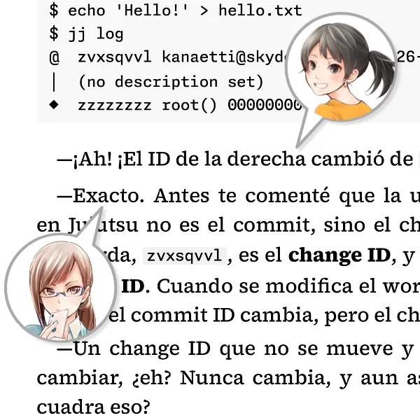 Diálogo entre la senpai y el kōhai, tal como aparece en el libro